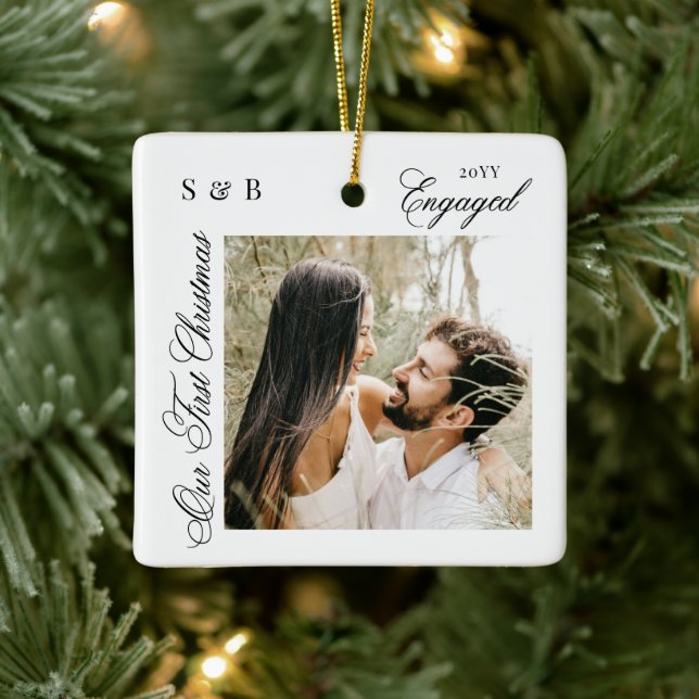 Monogram First Christmas Engaged Script 2 Photo Ceramic Ornament (Tree)