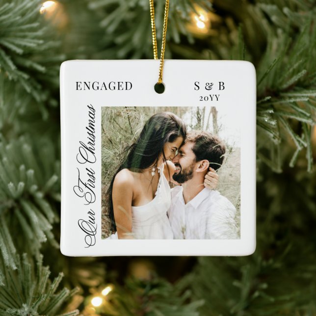 Monogram First Christmas Engaged Script Photo Ceramic Ornament (Tree)