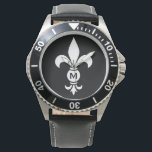 Monogram Fleur De Lis Modern Simple Black & White Watch<br><div class="desc">Fleur De Lis Monogram Men's Water Resistant Watch - Stainless Steel and Leather - Personalise with your initial or delete if desired. The fleur-de-lis or fleur-de-lys is a stylised lily, iris or lotus flower and is a traditional symbol of royalty. Stylish black and white modern design with personalised initial is...</div>