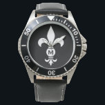 Monogram Fleur De Lis Modern Simple Black & White Watch<br><div class="desc">Fleur De Lis Monogram Men's Water Resistant Watch - Stainless Steel and Leather - Personalise with your initial or delete if desired. The fleur-de-lis or fleur-de-lys is a stylised lily, iris or lotus flower and is a traditional symbol of royalty. Stylish black and white modern design with personalised initial is...</div>