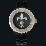 Monogram Fleur De Lis Modern Simple Black & White Watch<br><div class="desc">Fleur De Lis Monogram Women's Black Enamel Bracelet Watch with Rhinestones - Personalise with your initial or delete if desired. The fleur-de-lis or fleur-de-lys is a stylised lily, iris or lotus flower and is a traditional symbol of royalty. Stylish black and white modern design with personalised initial is sophisticated, elegant...</div>