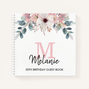 Monogram Floral 50th Birthday Party Guest Book 