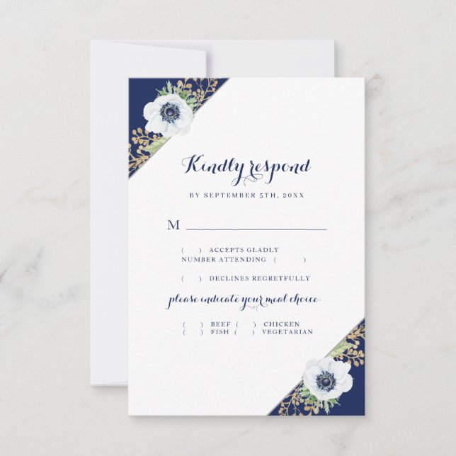 Monogram Floral Anemone Wedding Meal Choice RSVP Card (Front)
