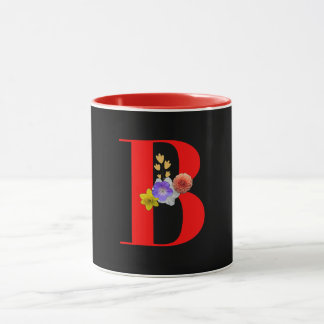 Monogram Floral B Red Inside Black Mug