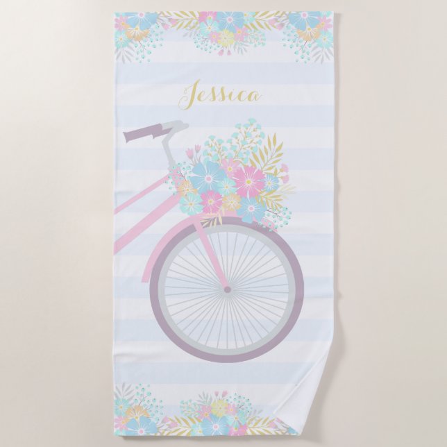 Monogram Floral Bicycle Stripes Pastel Pink Blue Beach Towel (Front)