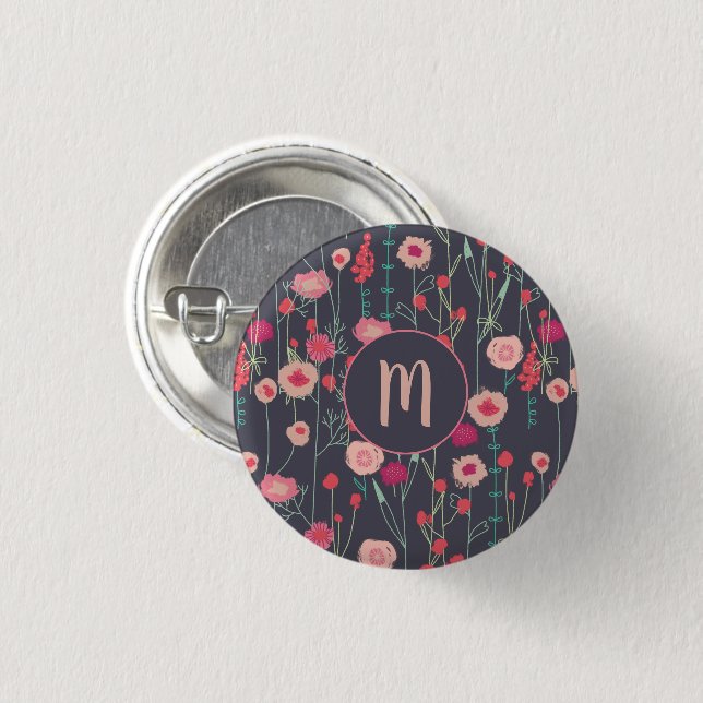 Monogram Floral Black Pink 3 Cm Round Badge (Front & Back)
