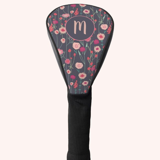 Monogram Floral Black Pink Boho Golf Head Cover (Boho wildflower painting personalized initial monogram dark golf head cover)