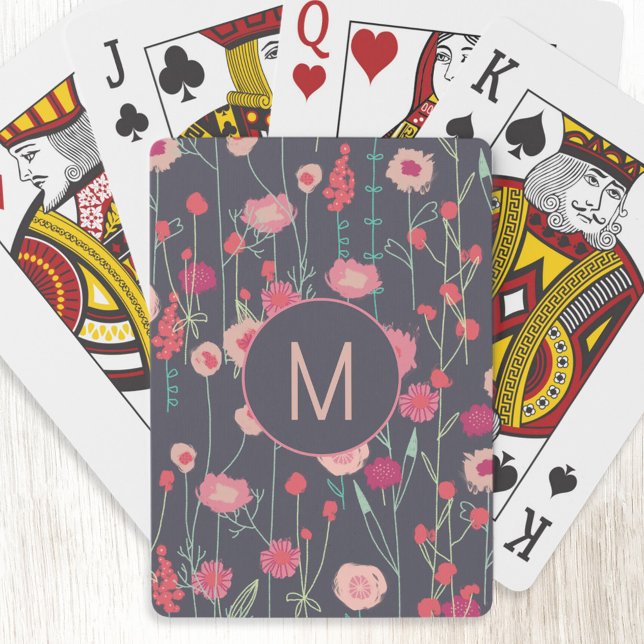 Monogram Floral Black Pink Playing Cards (Personalized monogram initial boho dark floral playing cards)