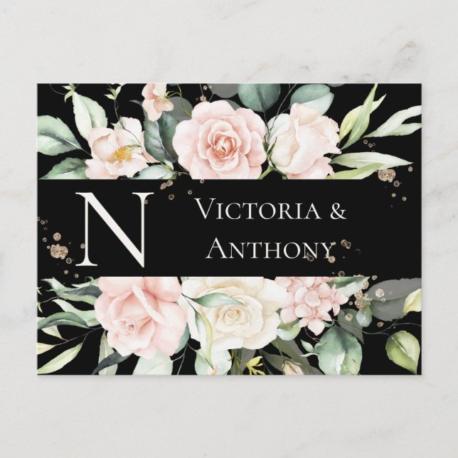 Monogram Floral Black Watercolor Save the Date Postcard (Front)