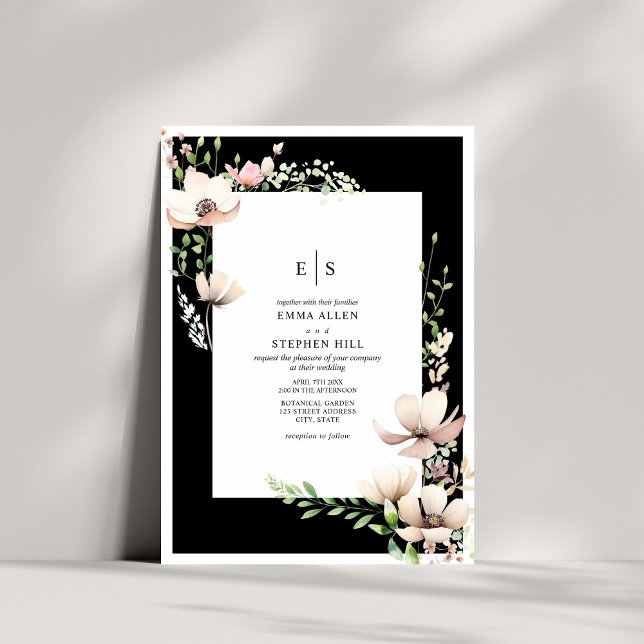Monogram Floral Black & White Botanical Wedding Invitation (Creator Uploaded)