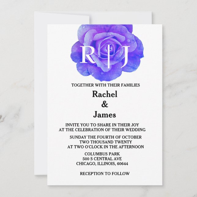 Monogram Floral Blue Rose Flowers Elegant Wedding Invitation (Front)