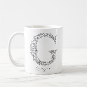 Monogram Floral Botanical Black White Letter G Coffee Mug