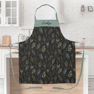 Monogram Floral Botanical Green Leaves Pattern Apron
