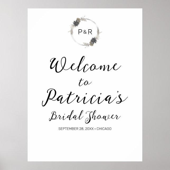 Monogram Floral Bridal Shower Welcome Sign Board (Front)