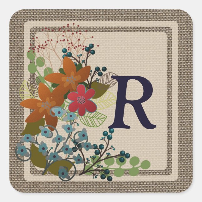 Monogram Floral, Burlap Square Stickers, Glossy Sticker (Front)