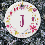 Monogram Floral Ceramic Tree Decoration<br><div class="desc">Pretty watercolor flowers surround a monogram initial,  which can be changed to personalise.</div>