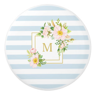 Monogram Floral Chic Pastel Blue Stripes Ceramic Knob
