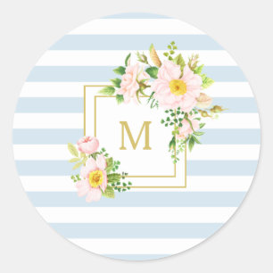Monogram Floral Chic Pastel Blue Stripes Round Classic Round Sticker
