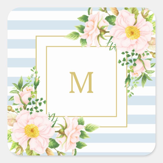 Monogram Floral Chic Pastel Blue Stripes Square Sticker (Front)