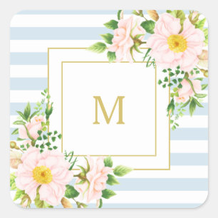 Monogram Floral Chic Pastel Blue Stripes Square Sticker