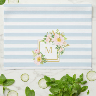 Monogram Floral Chic Pastel Blue Stripes Tea Towel