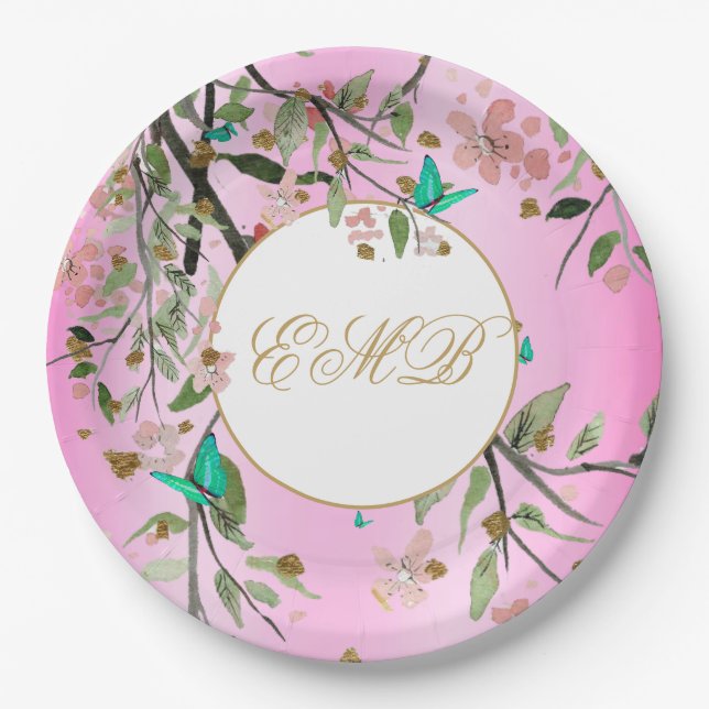 Monogram Floral Chic Pink  Elegant Gold Birthday Paper Plate (Front)