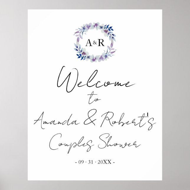 Monogram Floral Couples Shower Welcome Sign Board (Front)