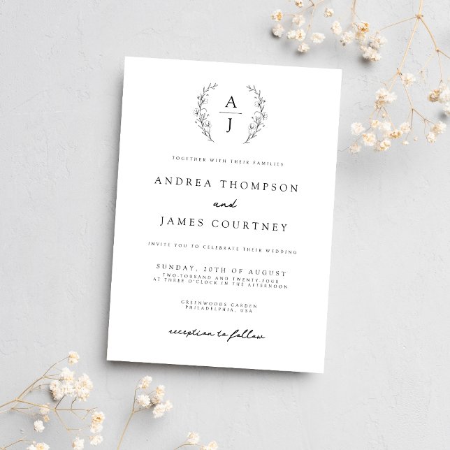 Monogram Floral Crest Black and White Wedding Invitation (Creator Uploaded)