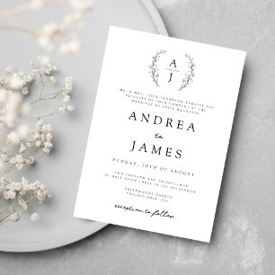 Monogram Floral Crest Black White Formal Wedding Invitation