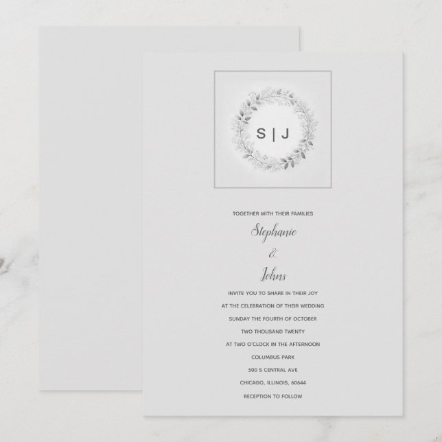 Monogram Floral Crest Black White Grey Wedding Invitation (Front/Back)