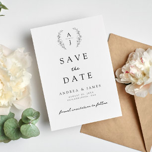 Monogram Floral Crest Black & White Wedding Save The Date