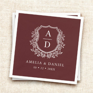 Monogram Floral Crest Burgundy Wedding  Napkin