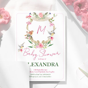 Monogram Floral Crest Watercolor Baby Shower  Invitation