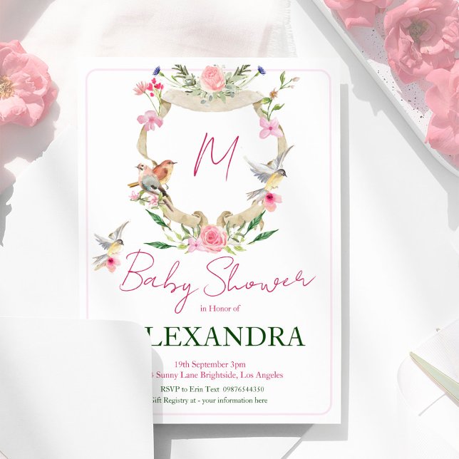 Monogram Floral Crest Watercolor Baby Shower  Invitation (Creator Uploaded)