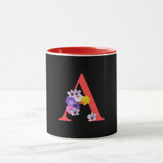 Monogram Floral Cursive A Red Inside Black Mug