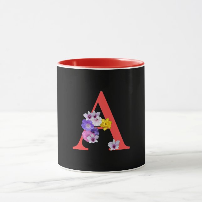 Monogram Floral Cursive A Red Inside Black  Mug (Center)