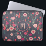 Monogram Floral Dark Laptop Sleeve<br><div class="desc">Pretty boho loose pink wild flower painting on a dark gray background.
Change the monogram initial to customize.</div>