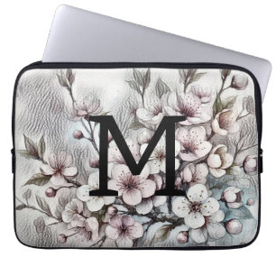 Monogram floral drawing pink cherry blossom laptop sleeve