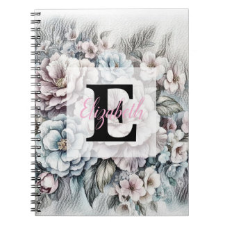 Monogram floral drawing pink cherry blossom  notebook