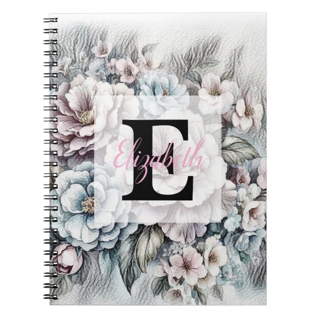 Monogram floral drawing pink cherry blossom  notebook (Front)