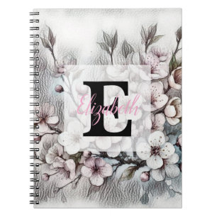 Monogram floral drawing pink cherry blossom notebook