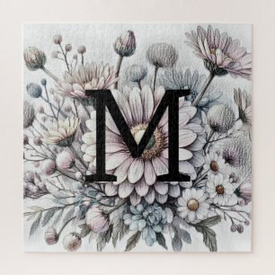 Monogram floral drawing pink gerbera daisies jigsaw puzzle