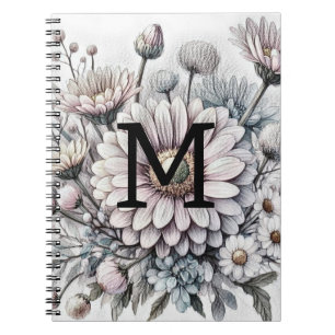 Monogram floral drawing pink gerbera daisies notebook