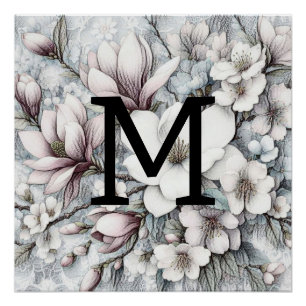 Monogram floral drawing pink magnolias flowers poster