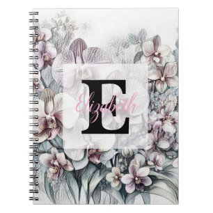 Monogram floral drawing pink orchid flowers notebook