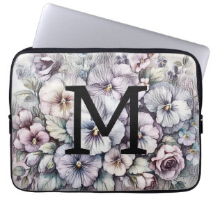 Monogram floral drawing pink pansies flowers laptop sleeve