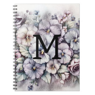 Monogram floral drawing pink pansies flowers  notebook