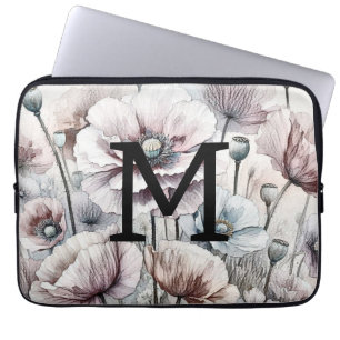 Monogram floral drawing pink pastel poppy flowers laptop sleeve