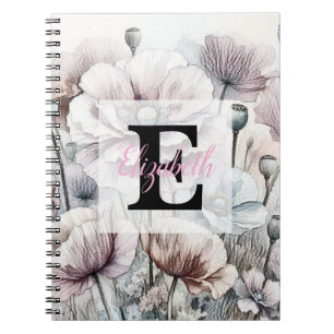 Monogram floral drawing pink pastel poppy flowers notebook