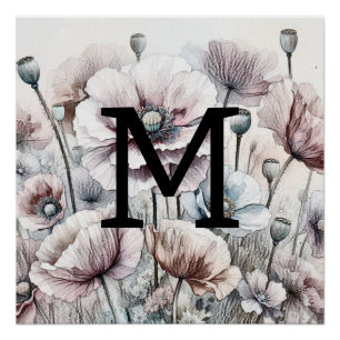 Monogram floral drawing pink pastel poppy flowers  poster